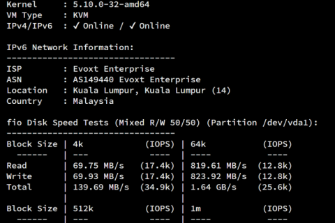 Evoxt 马来西亚吉隆坡 Premium VPS 使用体验评测：电信 CN2 优化线路，亚太高性价比之选